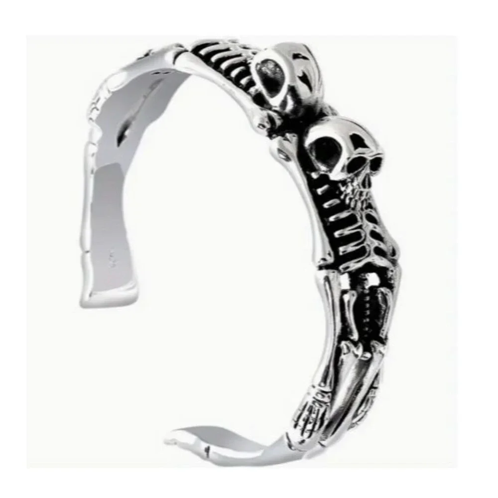 New Silver DOUBLE 3D SKELETON Cuff Bracelet Skulls MEN Women Halloween